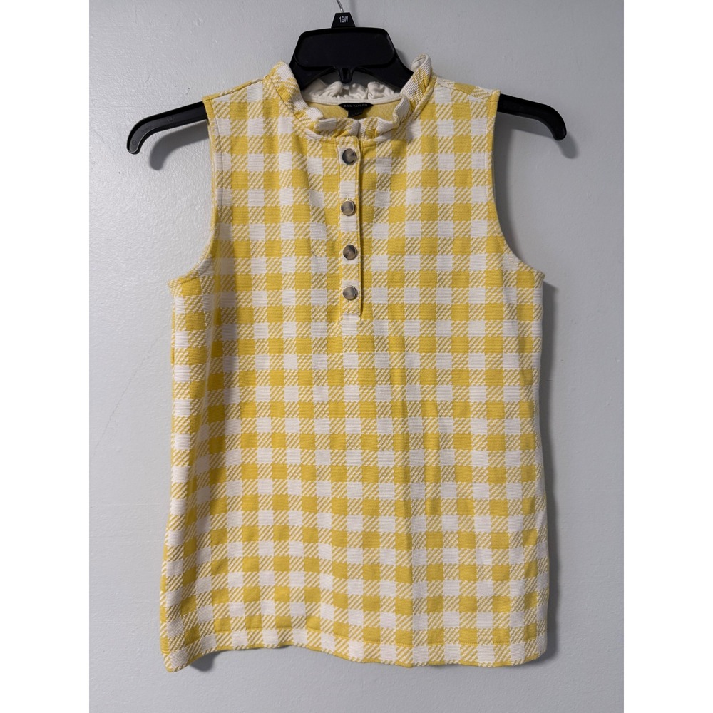 Ann Taylor Yellow Gingham Ruffle Mock Neck Sleeveless Knit Top Small